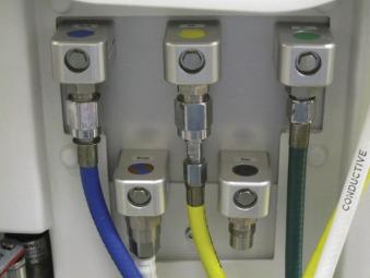 Fig. 2.3, Diameter index safety system (DISS) hose connections to workstation pipeline supply connections.