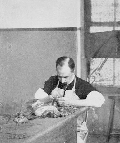 Figure 1-9, William Osler performing a postmortem dissection at the Blockley Mortuary, Philadelphia, around 1886.