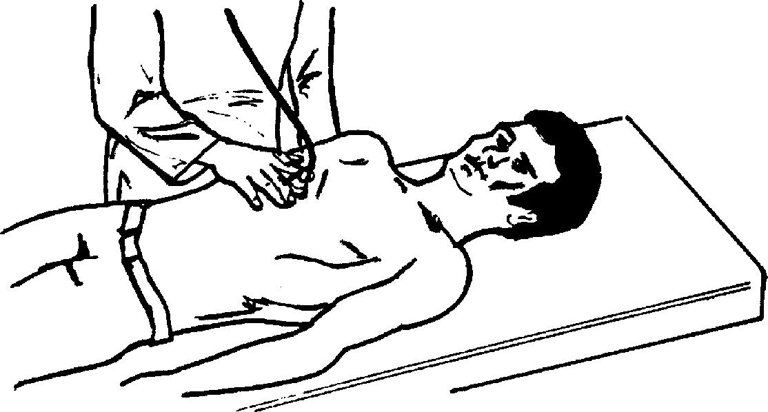 Fig. 10.15, Where to listen for right-sided S3 or S4. Note the use of the bell of the stethoscope.