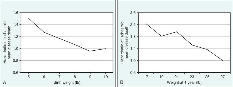 • Fig. 47.1, Relationship between early life growth and adult cardiovascular disease. A, Relationship between birth weight and death from ischaemic heart disease. B, Relationship between weight at 1 year and death from ischaemic heart disease.