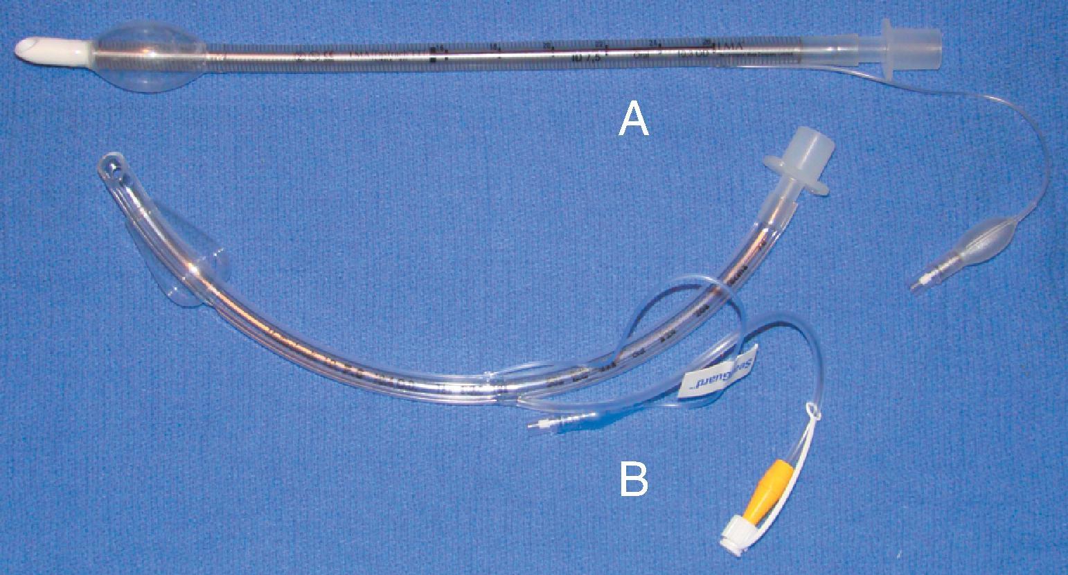 Fig. 44.1, Structural comparison of (A) a high-pressure, low-volume (HPLV) cuff and (B) a high-volume, low-pressure (HVLP) cuff.