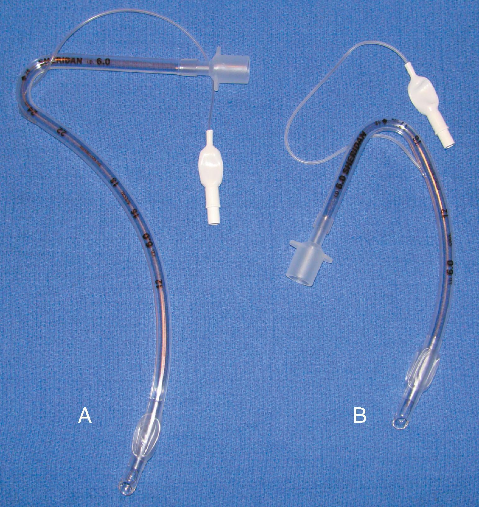 Fig. 44.10, (A) Nasal and (B) oral Ring-Adair-Elwyn (RAE) preformed endotracheal tubes. (Courtesy Covidien, Mansfield, MA.)