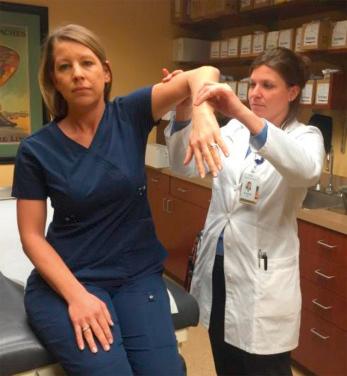 FIG. 33.3, Hawkins-Kennedy impingement sign: Flex both the elbow and shoulder to 90 degrees and internally rotate the shoulder. 79% Sensitive, 59% specific