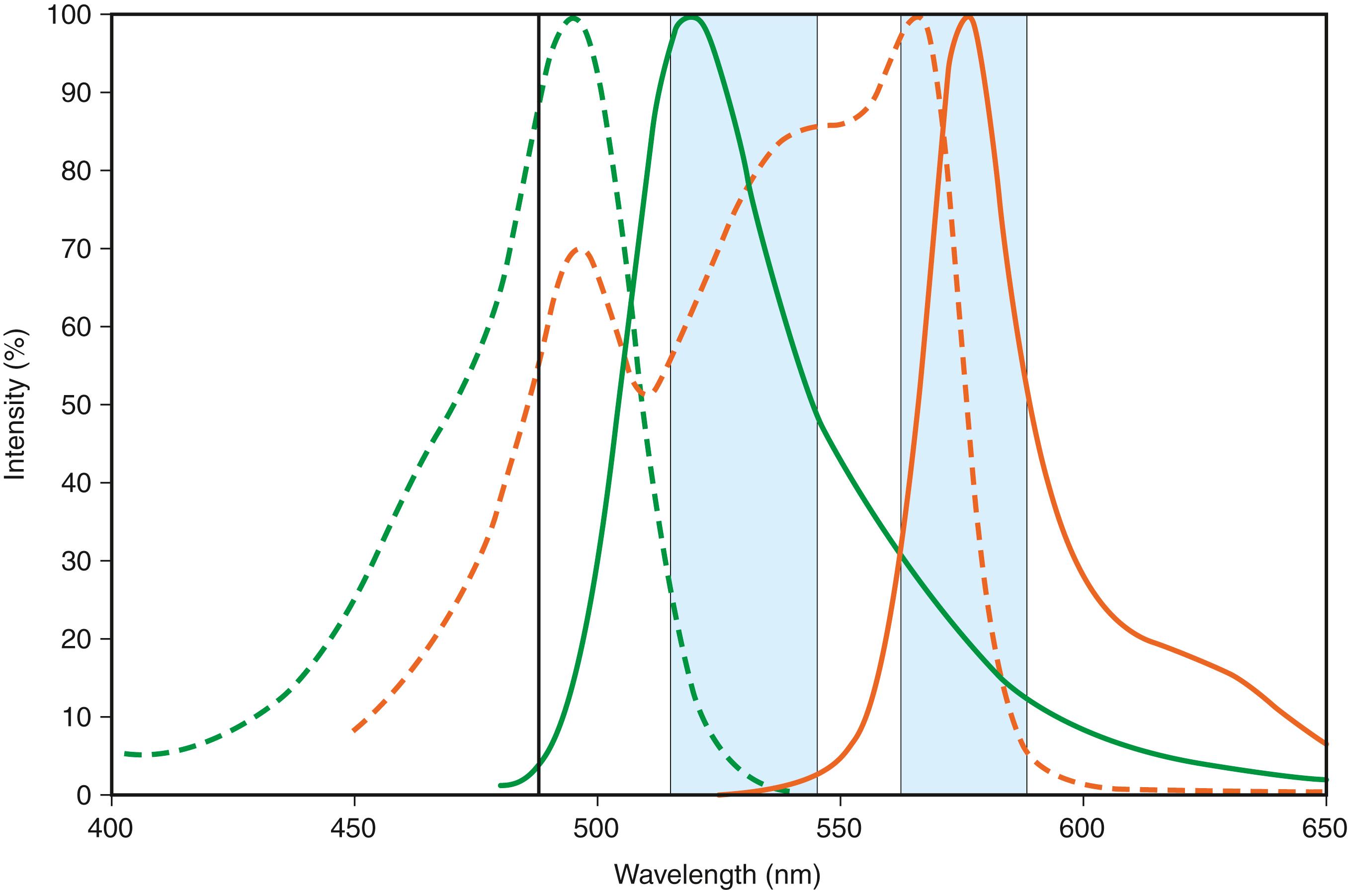 Figure 35.2, Fluorochrome emission spectra. Each fluorescent molecule possesses a characteristic absorption (dotted line) and emission spectrum (solid line) whose wavelength maxima are spectrally separated; the degree of separation is termed the Stokes shift . Although a small amount of fluorescein emission occurs at the same wavelength as phycoerythrin, the fluorescence emission of fluorescein (green) can be separated from that of phycoerythrin (orange) using appropriate optical filters (shaded areas). The 488-nm laser commonly used to excite each of these fluorochromes is indicated by a black vertical line.