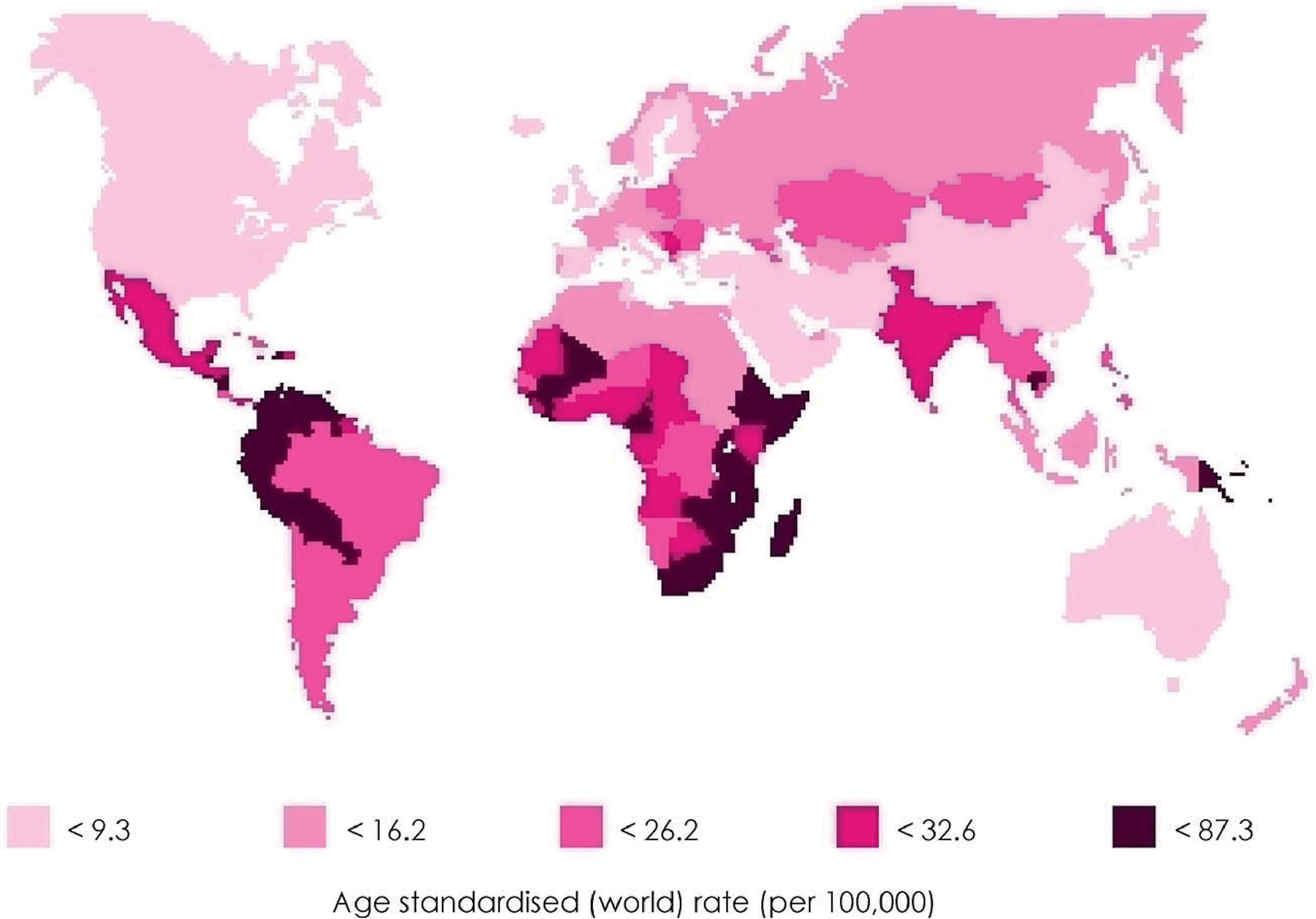 Fig. 62.1, Global burden of HPV-related cancers. (From J. Ferlay, F. Bray, P. Pisani, D.M. Parkin, GLOBOCAN 2002 cancer incidence. Mortality and prevalence worldwide. IARC CancerBase No. 5 version 2.0, IARC Press, Lyon (2004)). 68