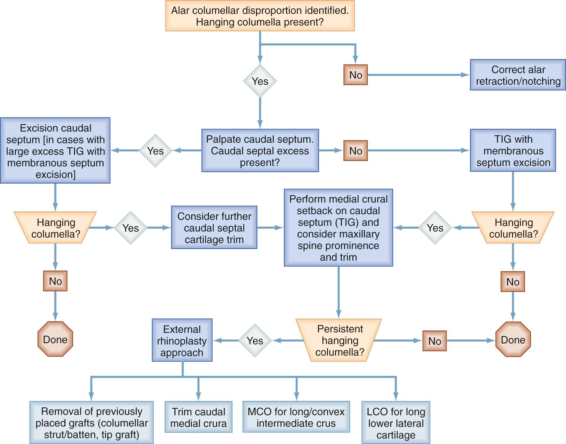 Figure 21-4, Treatment algorithm for managing the hanging columella deformity.