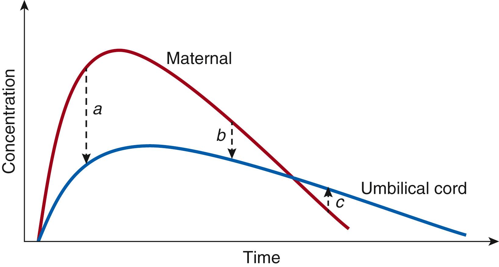 Fig. 17.1, Illustration on the impact of time after maternal administration to assess the maternal/umbilical cord blood ratio of a given compound. Pending on the time of sampling ( a, b, or c ) the ratio will be different or even reversed. An area under the curve maternal/umbilical cord blood ratio is more accurate, but necessitates paired observations over time.