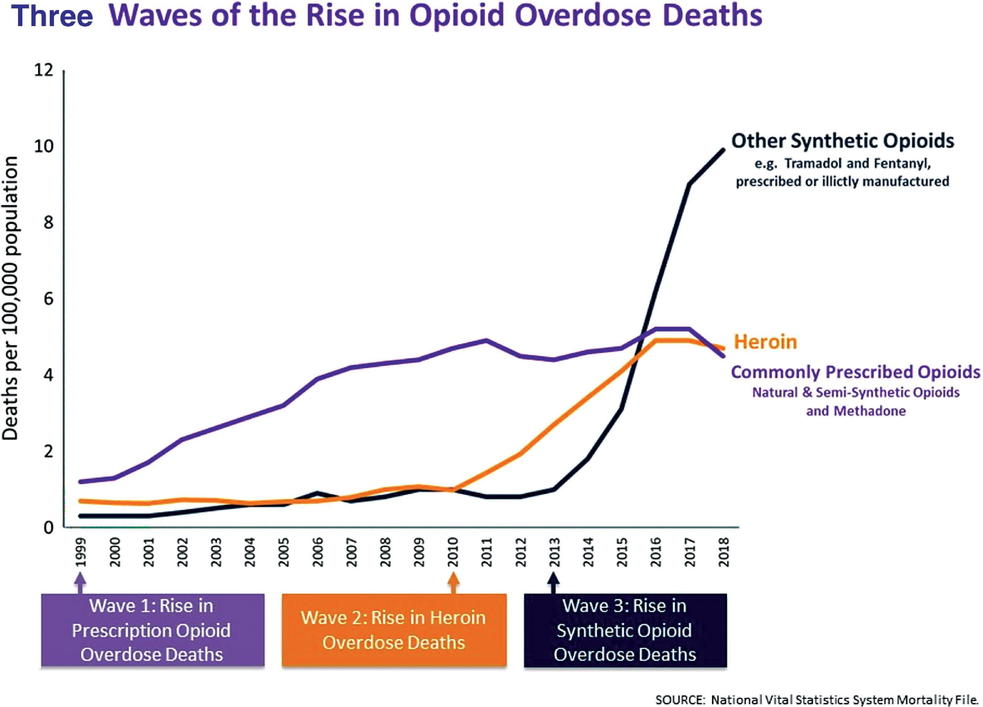 Figure 50.2, Opioid overdose death rates by year stratified by opioid type. (From the Centers for Disease Control and Prevention.)