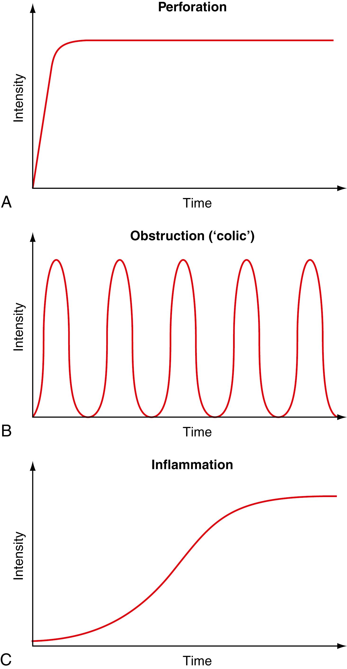 Fig. 13.5, Time versus intensity graphs for acute abdominal pain.