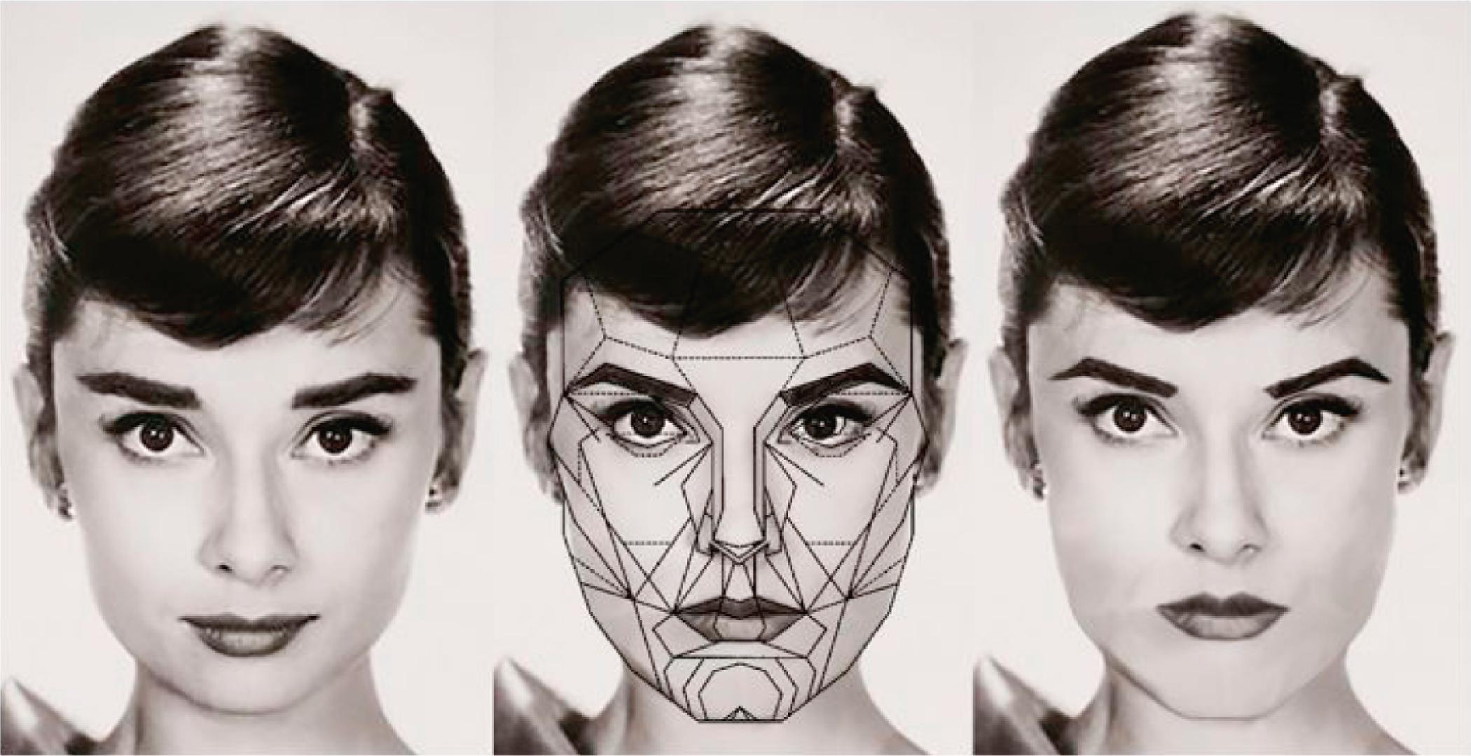 Fig. 44.2, Audrey Hepburn’s face altered to fit the Golden Mask. Her unaltered face represents hyperfeminized facial features, whereas the Golden Mask version of her face represents a masculinized version.