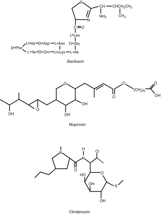 Fig. 41.1, Topical Antibacterial Agents (Bacitracin, Mupirocin, Clindamycin).