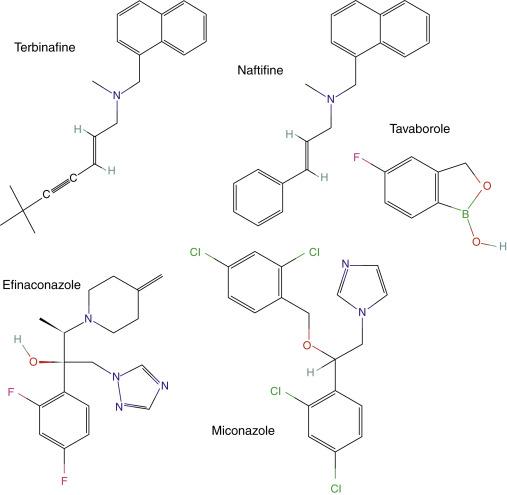 Fig. 42.1, Chemical structure of topical antifungal agents (naftifine, terbinafine, tavaborole, miconazole, efinaconazole).