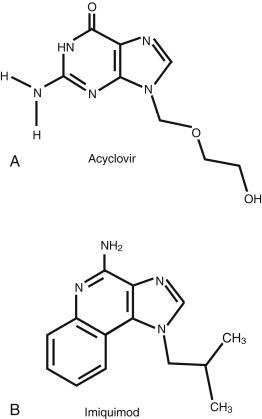 Fig. 43.1, Acyclovir and imiquimod structures. (A) Acyclovir; (B) imiquimod.