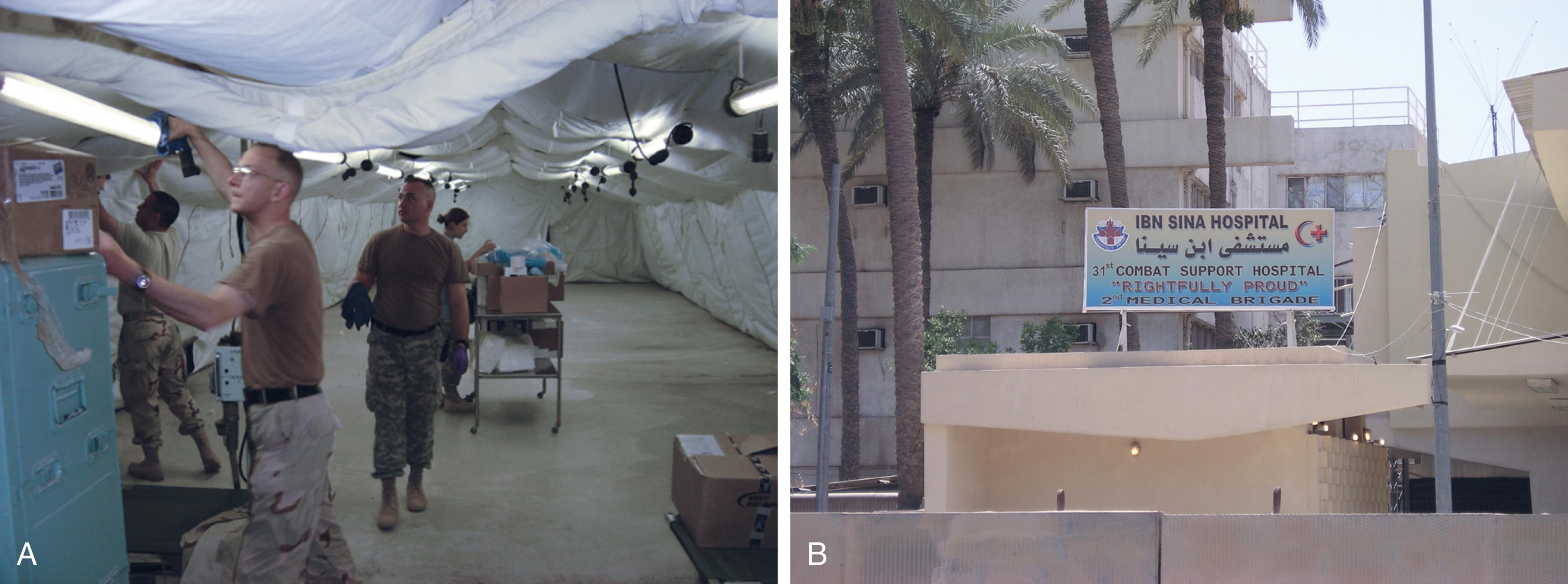 FIGURE 1, Conditions and capabilities of forward deployed facilities may vary widely. (A) Trauma operating room being set up in a tent in Tikrit, Iraq. (B) Fully equipped and relatively modern Ibn Sina Hospital in Baghdad, Iraq.