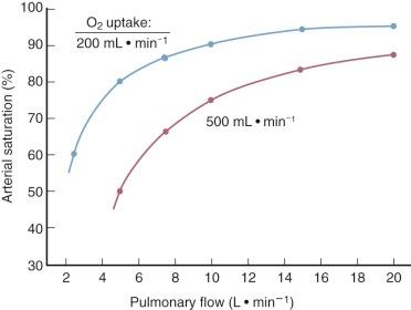 Figure 31-6, Relation between percent arterial oxygen saturation and pulmonary blood flow in persons with common mixing chambers, formulated on theoretical grounds by Burchell. B17 The upper curve is at rest; the lower is at moderate exercise. Systemic blood flow is assumed to be 25 L · min −1 .