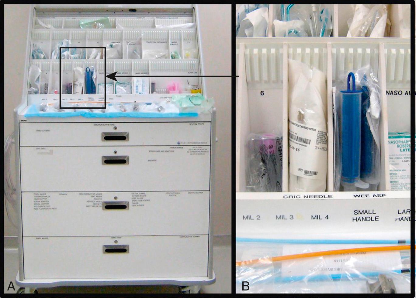 Figure 4.1, A, Adult airway cart. Equipment and materials are visible, labeled, and accessible. B, Labeling is especially important because it lets you know what is missing.