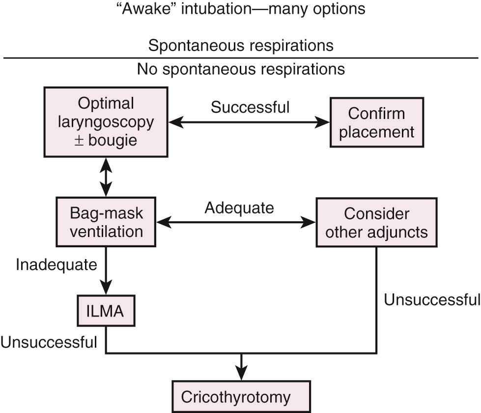 Figure 4.5, Emergency airway management algorithm used at Hennepin County Medical Center. The end point of the algorithm is successful tracheal intubation. This algorithm is presented as an example. Individuals and institutions should formulate their own algorithms based on technical skills and the availability of resources. ILMA, Intubating laryngeal mask airway.