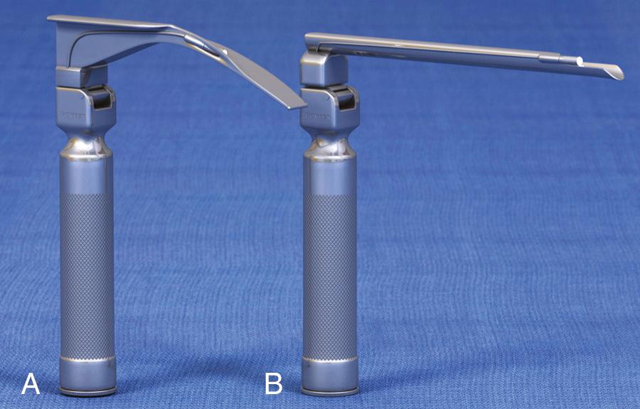 Figure 4.6, A, Macintosh (curved) and B, Miller (straight) laryngoscope blades.