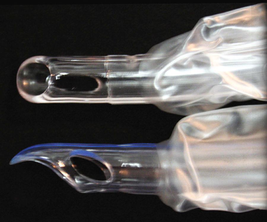 Figure 4.8, Comparison of the standard tracheal tube tip with the Parker Flex-Tip Tracheal Tube (Parker Medical, Engelwood, CO). Note : When a standard tube is inserted in the normal fashion, the bevel is oriented vertically and toward the patient's left. The Parker tube tip bevel faces posteriorly and may avoid getting caught on laryngeal structures. The flexible tip of the Parker tube also provides a closer fit on an introducer.