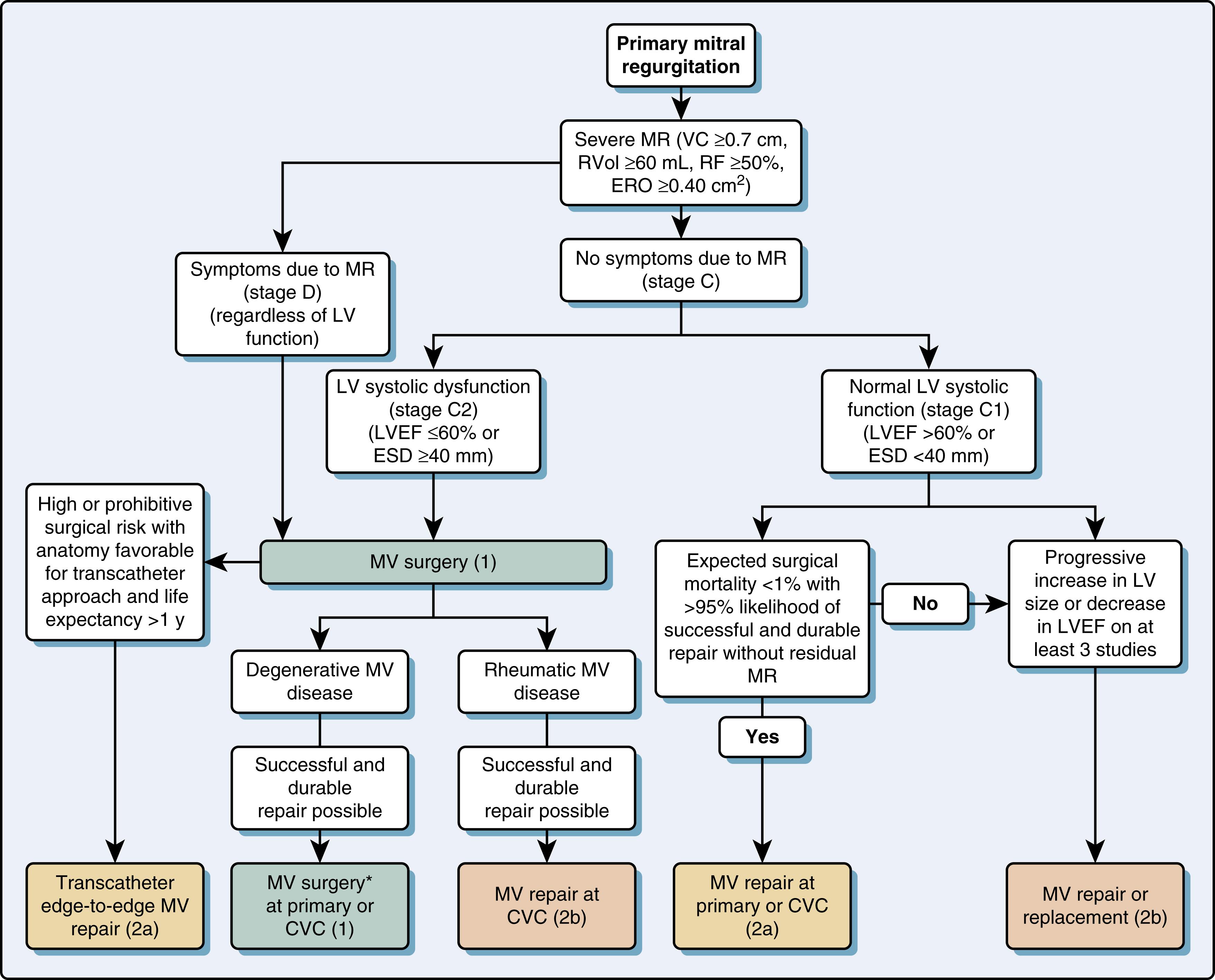 Figure 11.52, Decision algorithm for primary MR. CVC , Comprehensive Valve Center; ERO , effective regurgitant orifice; ESD , end-systolic dimension; LVEF , left ventricular ejection fraction; MR , mitral regurgitation; MV , mitral valve; MVR , mitral valve replacement; RF , regurgitant fraction; RVol , regurgitant volume; VC , vena contracta.