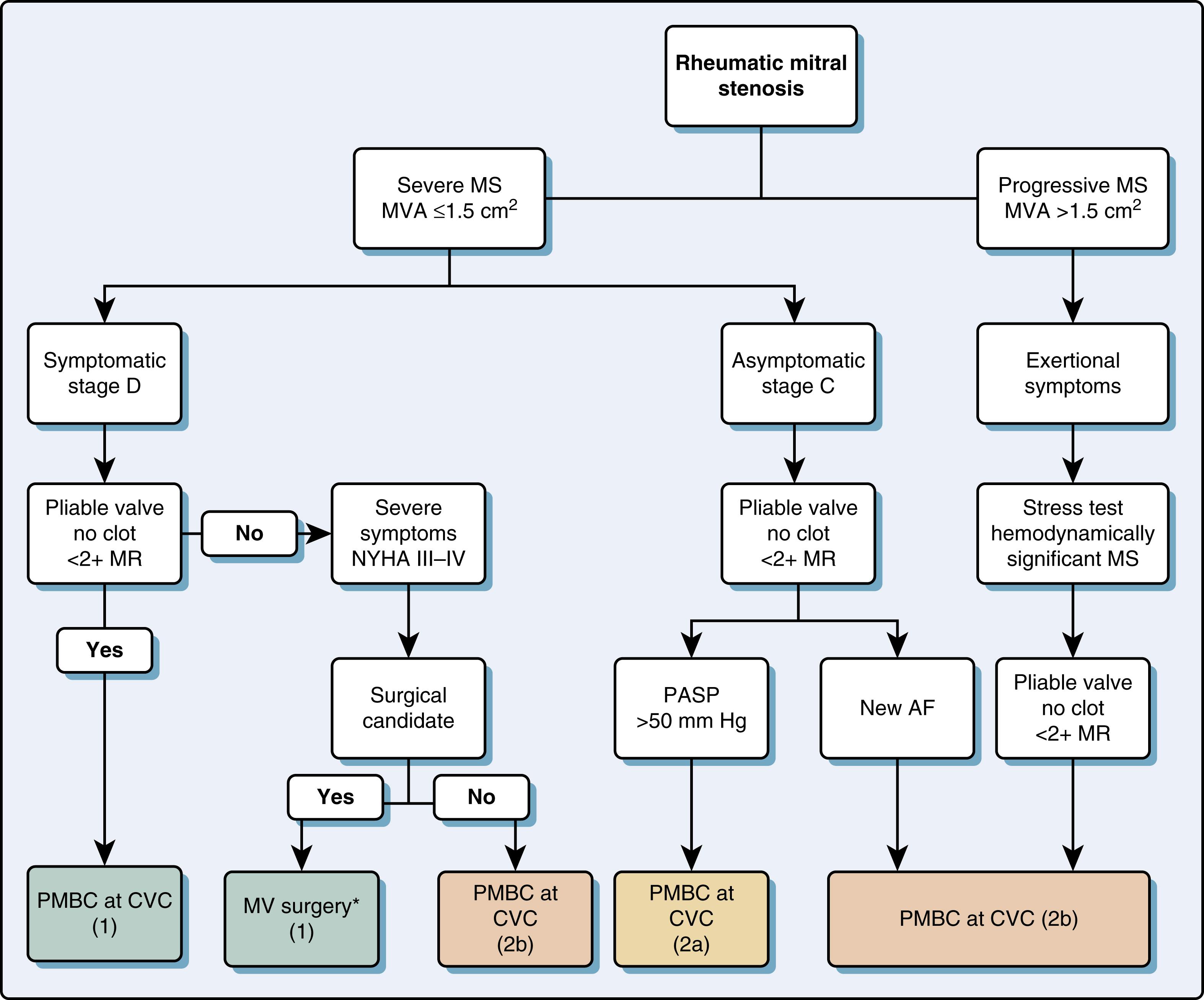 Figure 11.59, Intervention for MS. AF , Atrial fibrillation; CVC , Comprehensive Valve Center; MR , mitral regurgitation; MS , mitral stenosis; MV , mitral valve; MVA , mitral valve area; NYHA , New York Heart Association; PASP , pulmonary artery systolic pressure; PMBC , percutaneous mitral balloon commissurotomy.