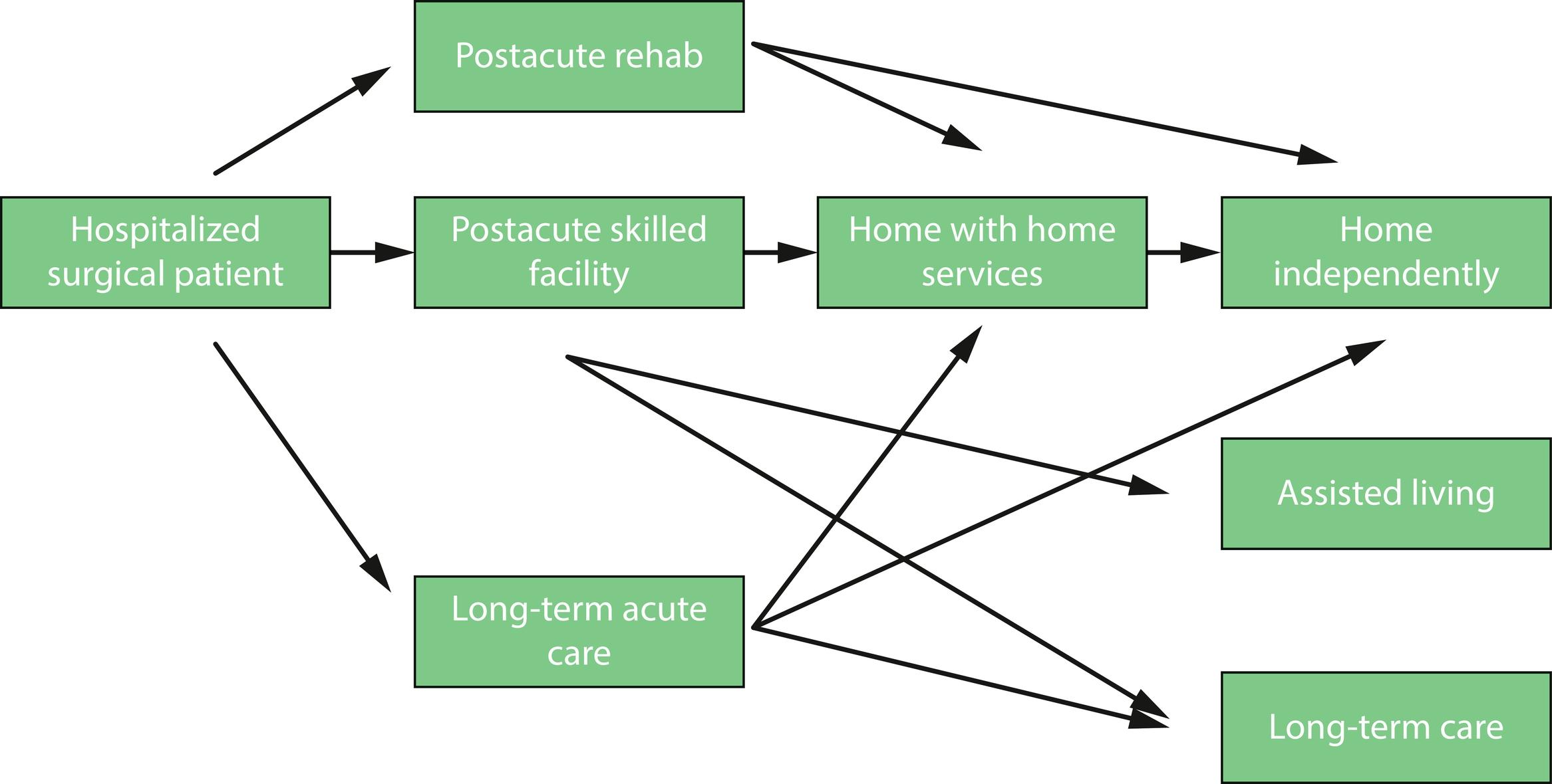 Fig. 47.1, Paths from hospital to home. The path to home postdischarge is not always direct or even linear.