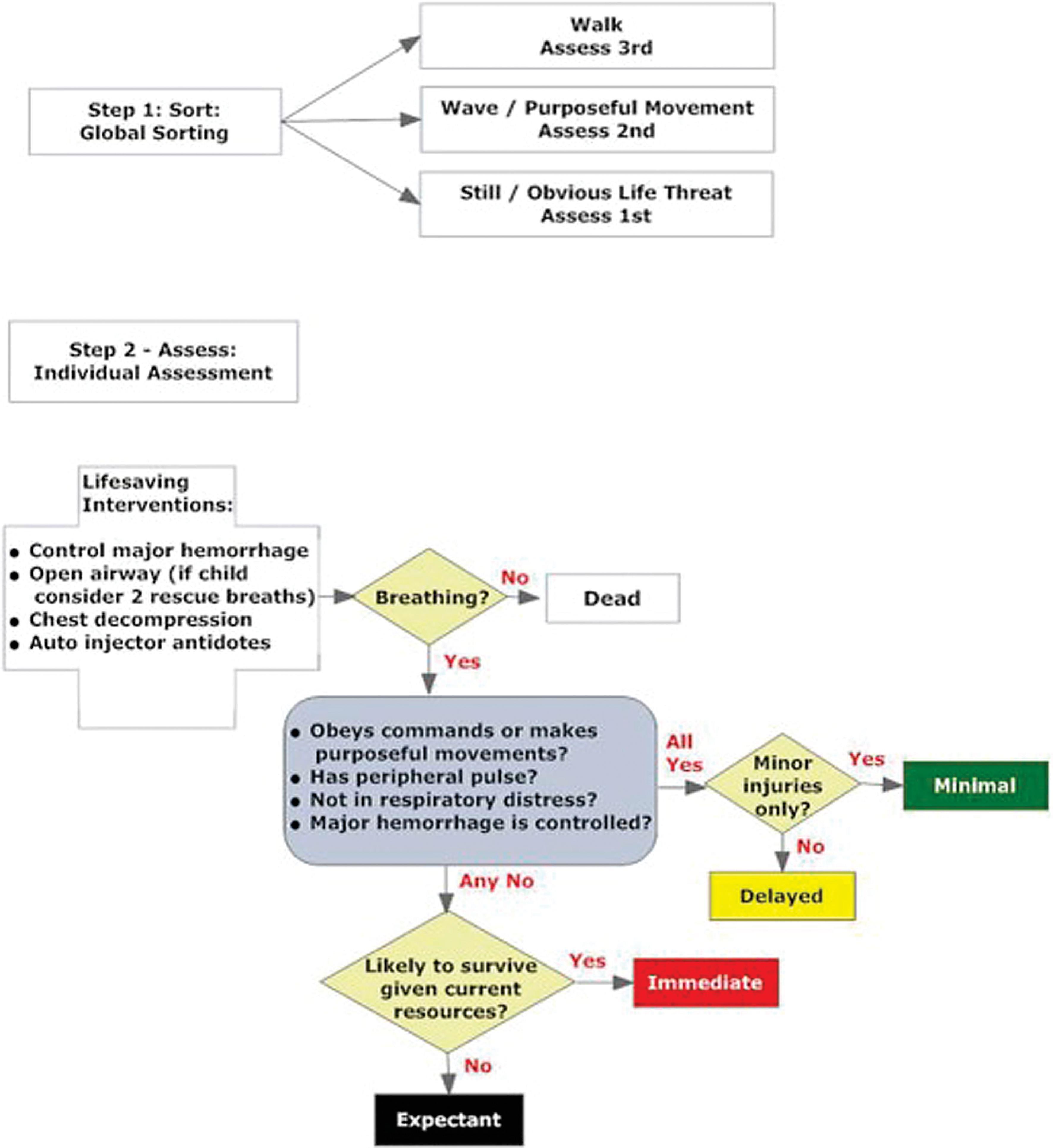 FIG. 3, SALT mass casualty triage. SALT, Sort, Assess, Lifesaving interventions, Treatment/Transport.