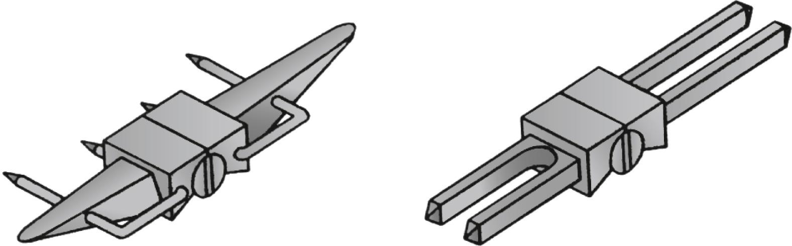 Fig. 11.2, Drawing of the dual-pronged Flatt proximal interphalangeal (PIP) joint arthroplasty on the right and the single-prong Brannon PIP joint arthroplasty on the left.