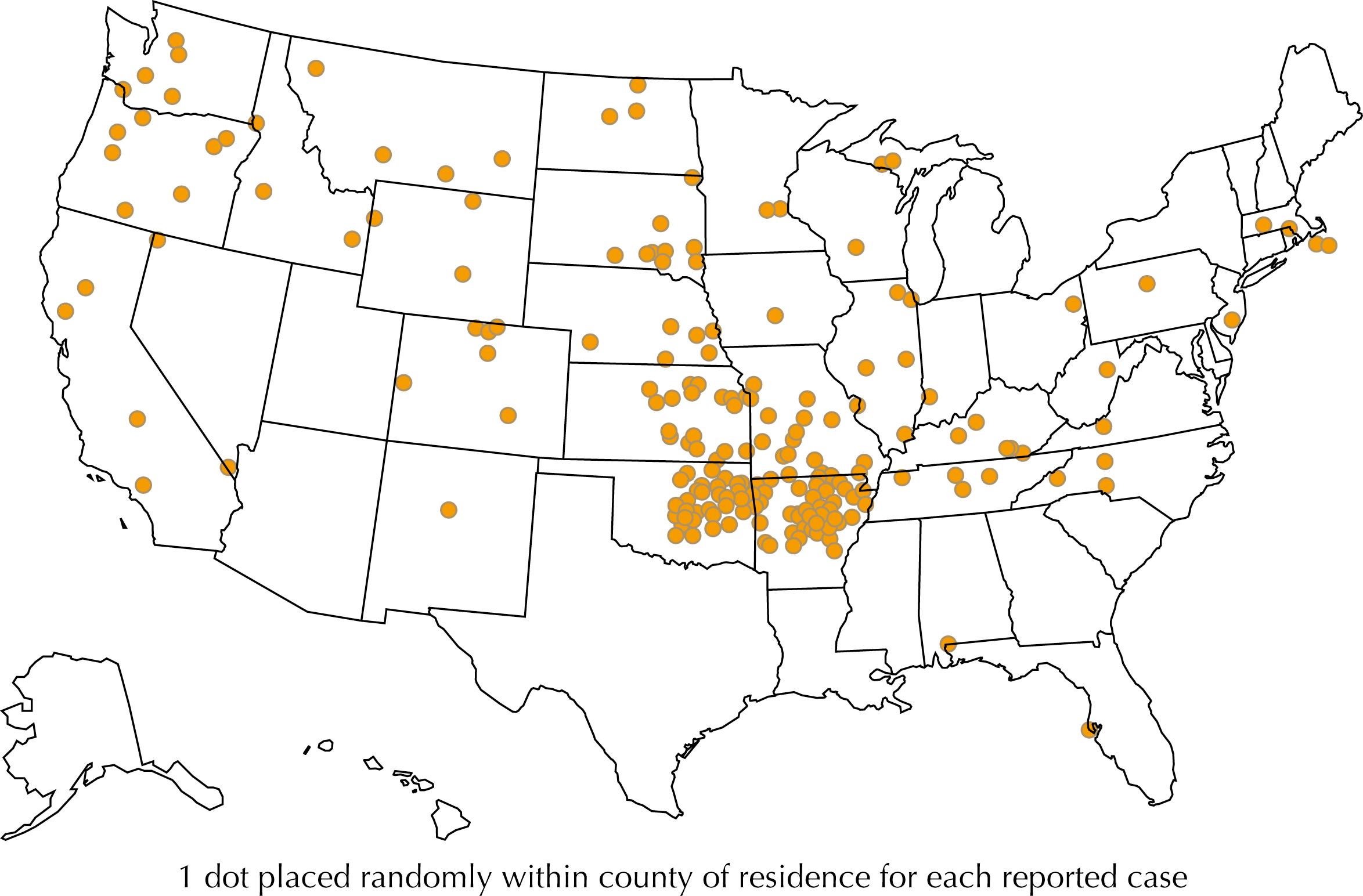 Fig. 91.2, Reported cases of tularemia by county of residence, United States, 2018.