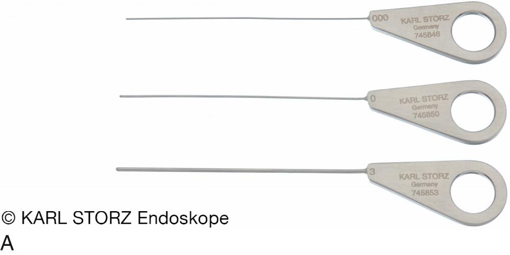 Fig. 14.1.2, Accessory instruments: (A) papilla dilators (from 0000 to 8); (B) conic dilator; (C) bougies (in five sizes); (D) grasping forceps; and (E) scissors.