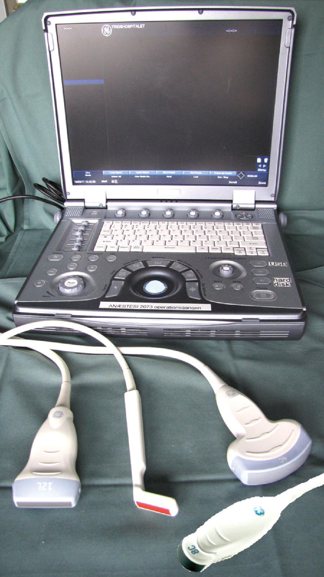 Fig. 3.1, Laptop-size ultrasound machine with transducers (left to right): linear 7- to 12-MHz high-frequency transducer; small linear 6- to 10-MHz high-frequency “hockey-stick” transducer; curved, convex 2- to 6-MHz low-frequency transducer; micro convex 4- to 10-MHz transducer (foreground).