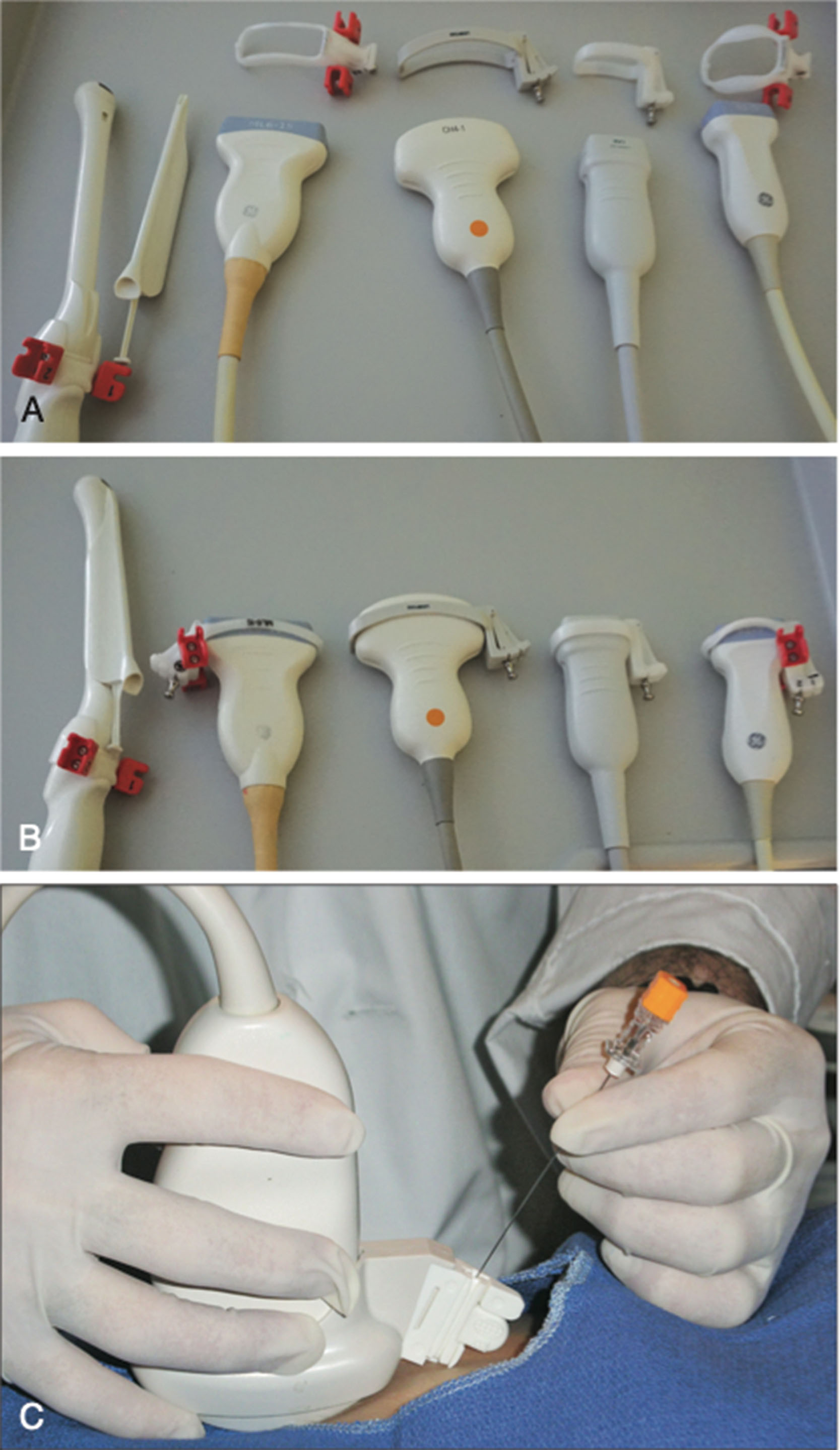 Fig. 18.19, (A) Various types of transducers and their guides. (B) Same transducers with their guides attached. (C) Biopsy using a needle guide.