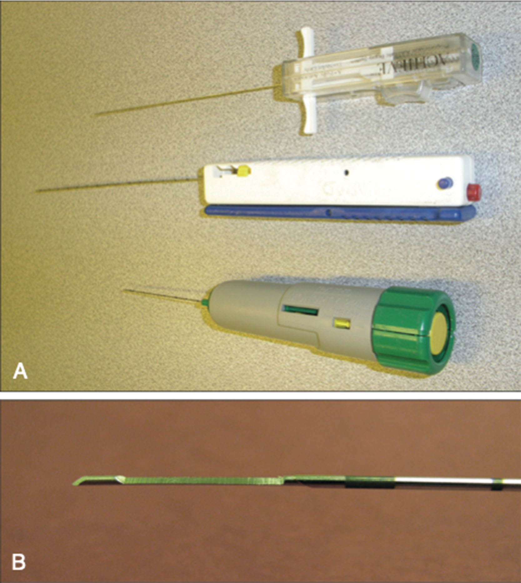 Fig. 18.9, (A) Biopsy devices used for core biopsies. (B) Close-up of a core needle where the specimen is deposited.