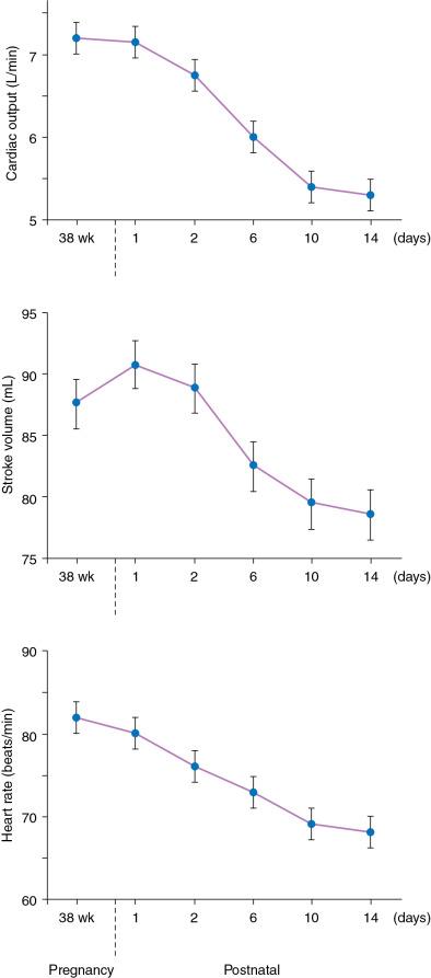 Fig. 28.4, Changes in Cardiac Output, Stroke Volume, and Heart Rate After Normal Delivery.