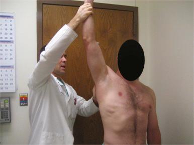 Fig. 55.9, The Wright test has the physician hyperabduct and externally rotate the patient's affected extremity while looking for arm, hand, or pulse changes.