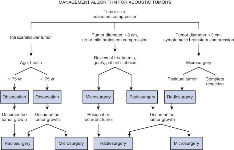 Figure 37.2, Management algorithm for vestibular schwannomas considering several factors, including the age, medical condition, hearing status and the anatomy of the tumor on imaging.