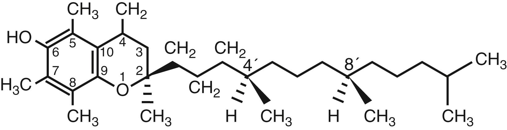 Fig. 29.1, Structure of RRRα-tocopherol, the most active and abundant form of vitamin E. This schema uses the RS nomenclature for specifying configuration at the three chiral centers at carbon 2′, 4′, and 8′. R, Clockwise (right-handed) orientation; S, counterclockwise (left-handed) orientation; solid triangles, in front of the plane of the paper; lined triangles, behind the plane of the paper.