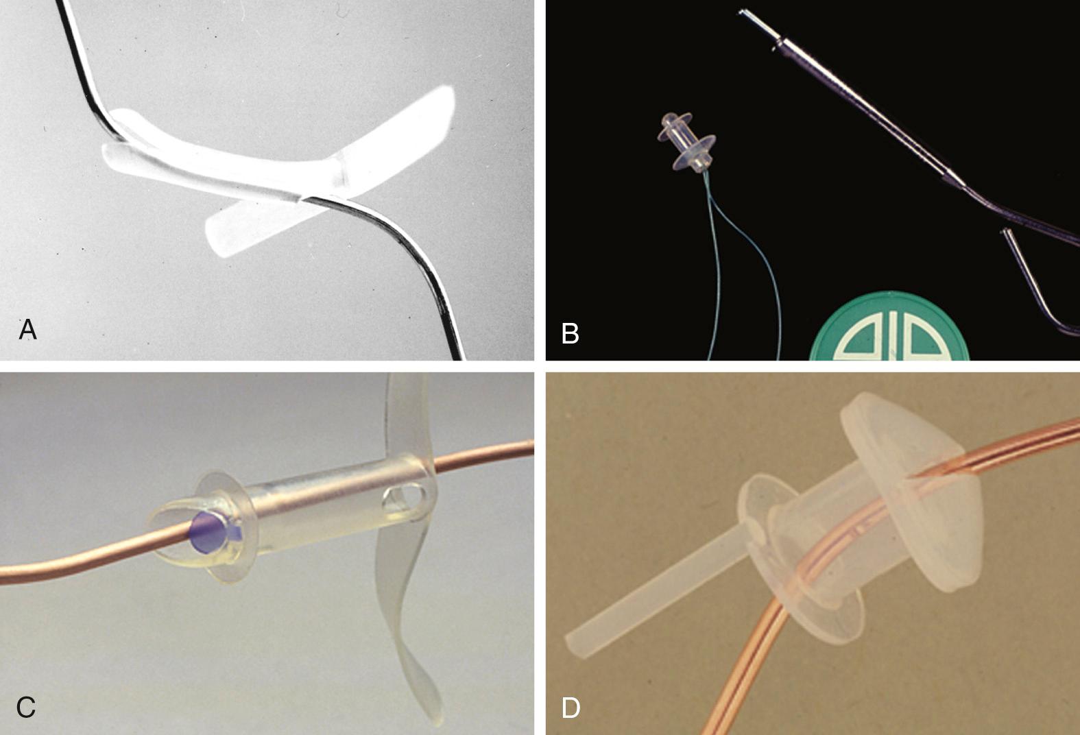 Fig. 111.7, (A) The original Blom-Singer duckbill prosthesis without a retention flange. (B) The later low-resistance version with a retention flange. (C) Panje prosthesis, which had a retention flange and a safety strap. (D) Indwelling Groningen prosthesis, which had a very sturdy retention flange–valve combination to ensure proper retention, even when inserted at the time of tracheoesophageal puncture (primarily or secondarily).