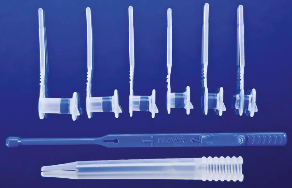 Fig. 111.8, The Provox 2 anterograde replacement system is available in six different shaft lengths (4.5, 6, 8, 10, 12.5, and 15 mm). A loading tube with inserter enable anterograde insertion.