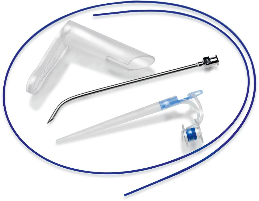 Fig. 111.10, The disposable Provox Vega Puncture Set (PVPS), currently the tool of choice for primary and secondary tracheoesophageal puncture (TEP) with direct VP insertion (Atos Medical, Hörby, Sweden). The components of this Seldinger-type systems are a guidewire, and inside the guidewire, a pharynx protector (top left) for use during primary TEP, puncture needle (middle), and dilator (bottom right) with the pre-mounted VP. An example of the surgical procedure for primary TEP using the PVPS can be viewed in Video 111.9 .