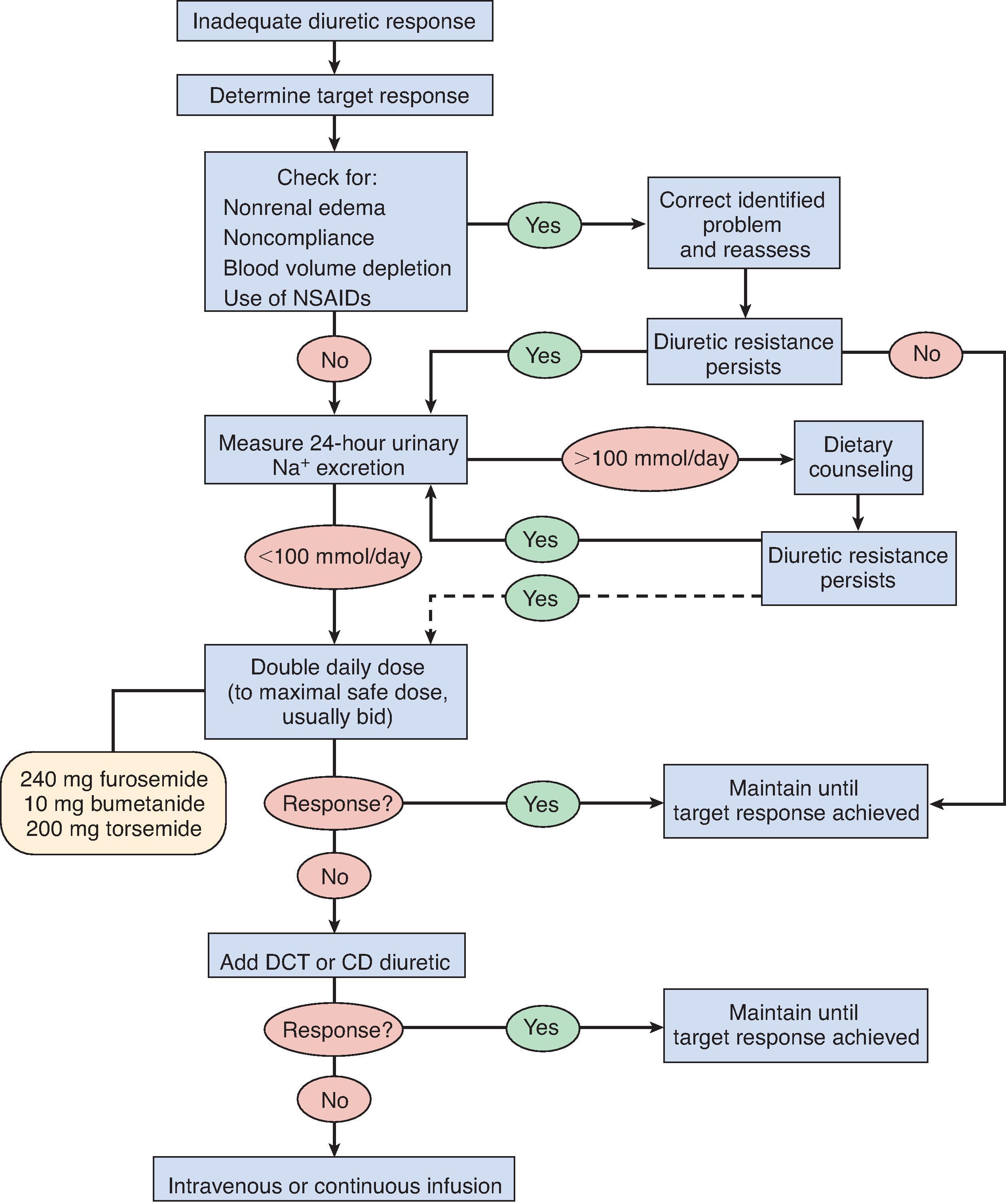 Fig. 9.4, Algorithm for the treatment of the diuretic-resistant patient. Combination diuretic regimens are addressed in the text. Maximal recommended loop diuretic doses given as monotherapy are provided in the yellow box. Note that higher doses are recommended for patients with acute kidney injury (AKI). Larger doses may improve the natriuretic response because of a lengthier duration of action; however, this can occur at the cost of increased side effects. CD, Collecting duct; DCT, distal convoluted tubule; NSAIDs, nonsteroidal antiinflammatory drugs. (Modified from Wilcox CS. Diuretics. In: Brenner B, ed. Brenner and Rector’s The Kidney. 5th ed. Philadelphia: WB Saunders; 1996.)