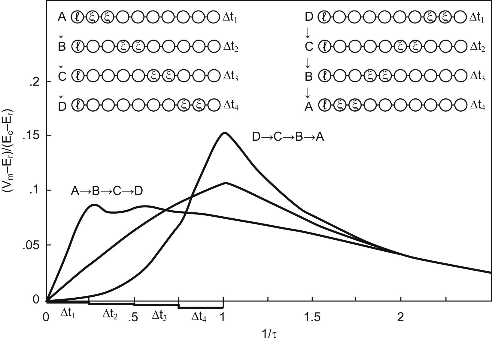 Figure 6.2, From Rall ( Fig. 5 , 1964)—This shows how very different the resulting current as seen at the axon hillock would be (here only for a passive cable model, but would be even less similar most likely if more details nonlinear cable features were included), if the same overall energy were delivered to the neuron. In the dendritic sequence in the upper left , epsp's allow current flux into the dendritic cable from closer to the cell body initially, then from progressively further distal in time. The current arrives at the axon hillock sooner, but decays sooner as well and so adds in a way that has a faster peak, but lower overall and somewhat more evenly sustained. This is in contrast to the same total energy imparted in opposite sequence, from distal to proximal. The peak is delayed but higher in amplitude.