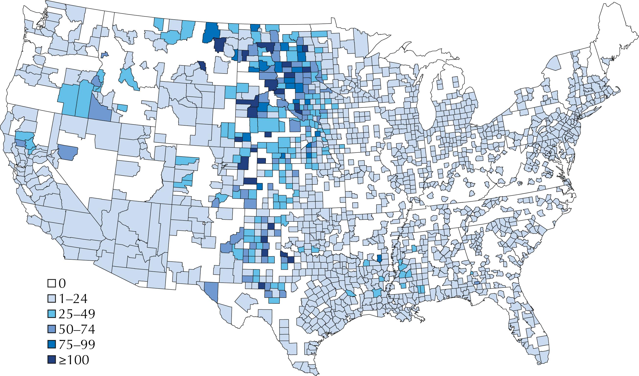 Fig. 71.3, Cumulative incidence per 100,000 population of West Nile virus neuroinvasive disease by county of residence, United States, 2009–2018.