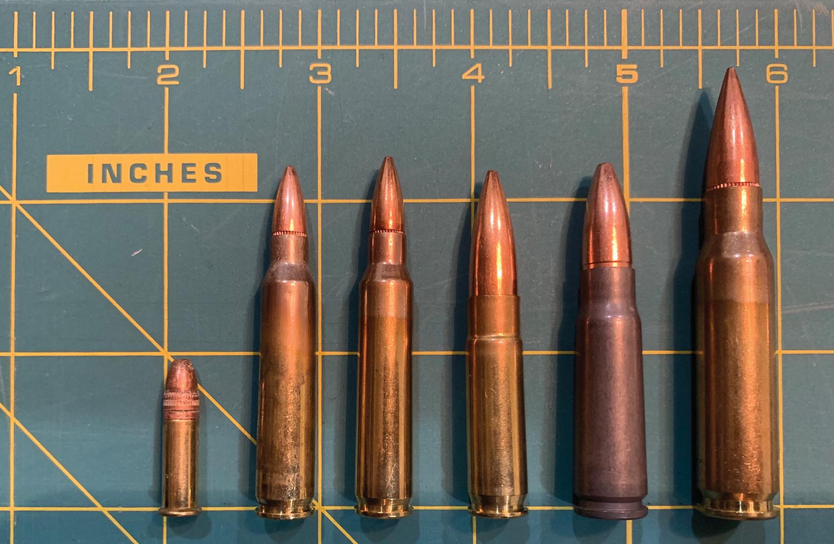 FIGURE 5, Common rifle bullets from left to right: .22 LR, .223, 5.56 × 45 mm, .300 AAC, 7.62 × 39 mm, .308.