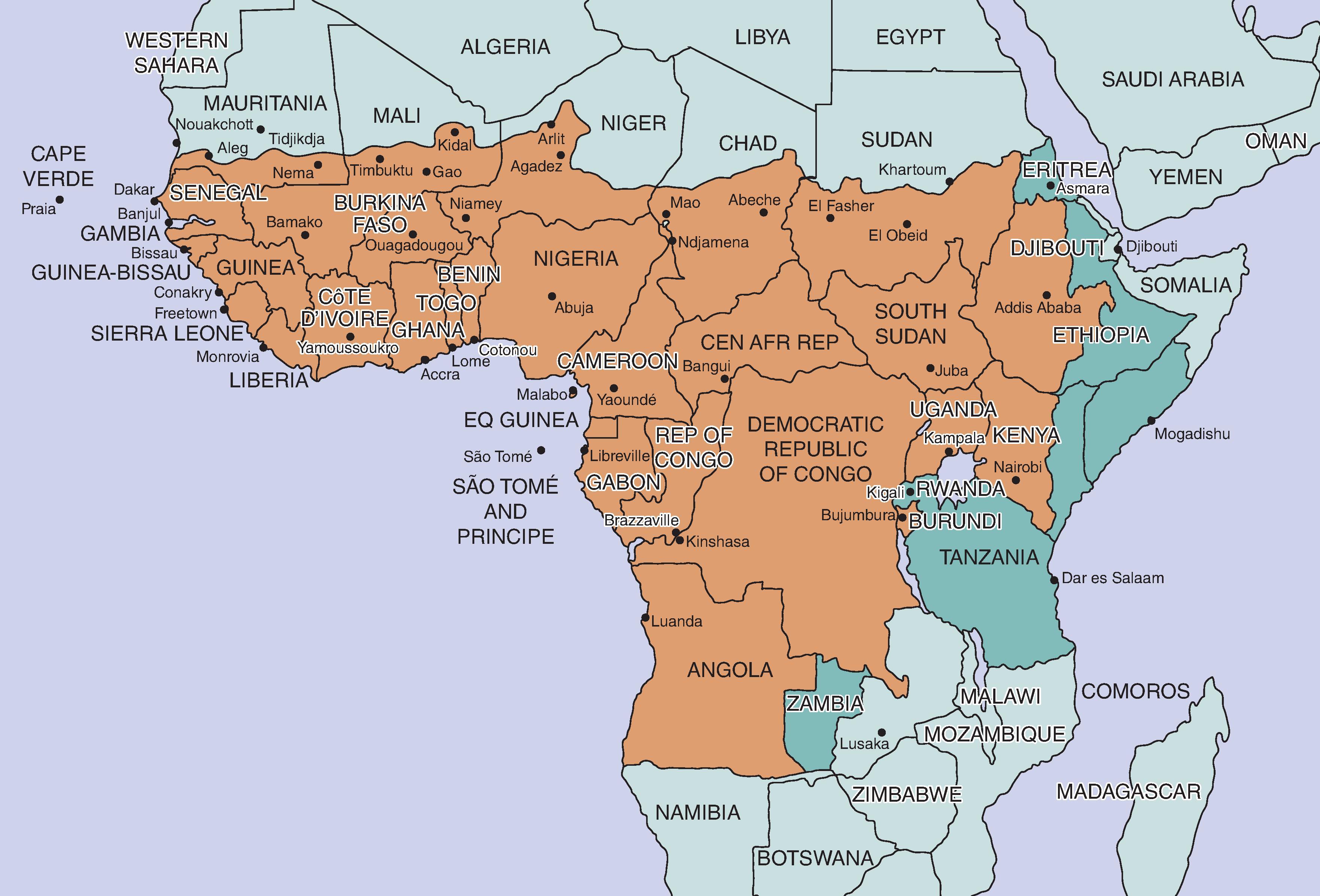 Fig. 64.3, Regions of Africa and South America with yellow fever virus activity. Orange denotes areas considered to be endemic for yellow fever. Endemic areas have reported human disease regularly. The darker green denotes transitional areas; these areas have not reported human disease cases but have found antibodies against yellow fever virus and have the right vectors and nonhuman primate species to sustain virus transmission. Areas in light green are areas where there is no yellow fever virus transmission; some of these areas might be at risk for urban transmission as they have the right vectors to transmit the virus readily between humans. Areas in dark red along the coast of Brazil indicate areas where YF vaccination has been recommended since 2017 due to outbreaks in the region.