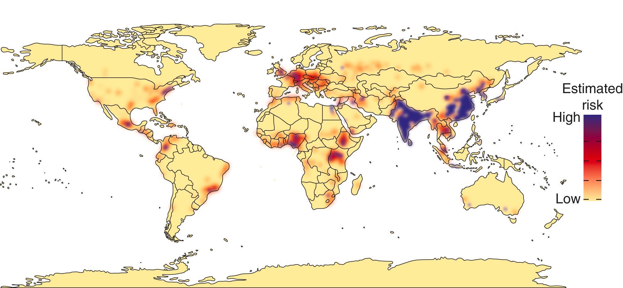 FIGURE 303-1, Heat map of predicted zoonotic emerging infectious disease estimated risk locations after factoring out reporting bias.