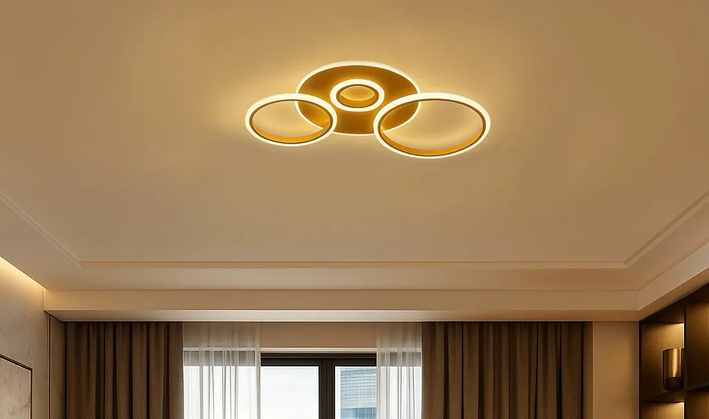 Lustre Galati 25W Dourado instalado — Sala de estar, quarto de casal ou sala de jantar de apartamento