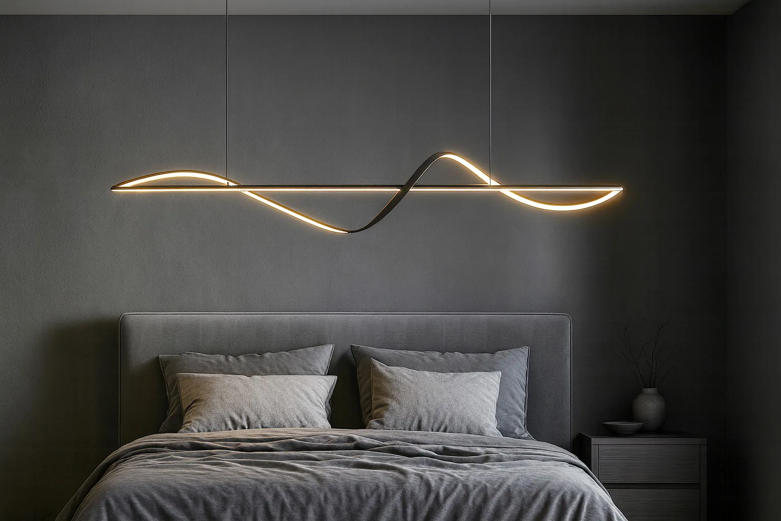 Lustre Málaga 25W Preto instalado — Sobre mesa de jantar retangular, bancada de cozinha, ou atravessado sobre a cabeceira em quarto de casal