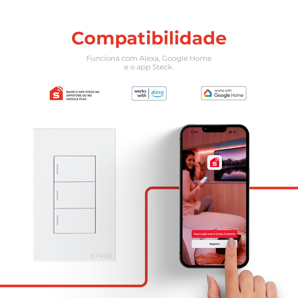 Interruptor Mecânico Steck Ambiente Conectado 4X2" 3 Módulos Zigbee Branco