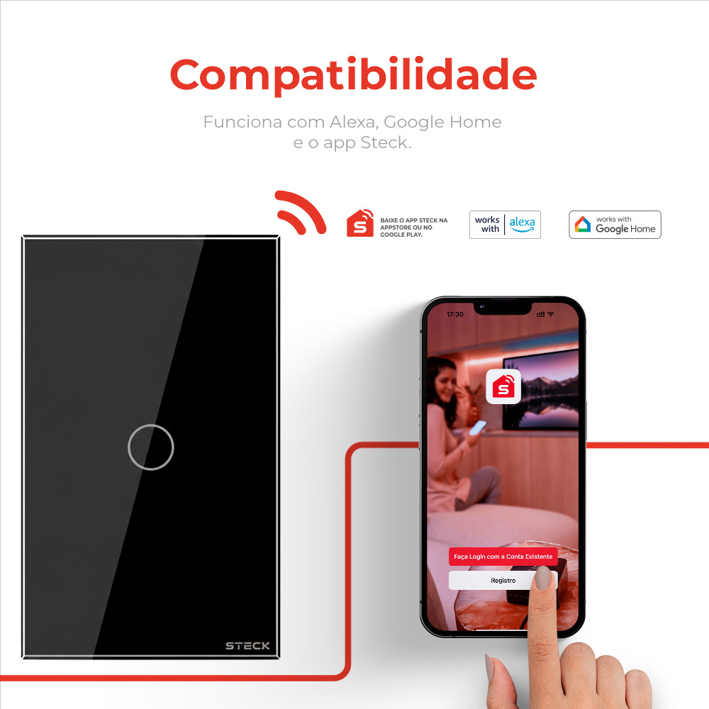 Interruptor Steck Ambiente Conectado 4X2" 1 Módulo Touch Preto WI-FI